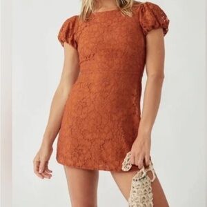 Free People Hailee Lace Mini Dress Brun Puff Sleeve Lined Sz M NWT $168